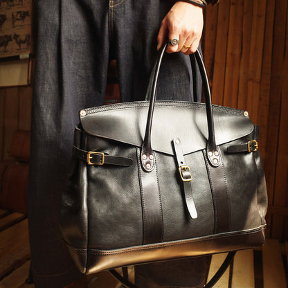 Italian Leather Travel Bag 17.7in large laptop tote weekender briefcase in stylish black design.
