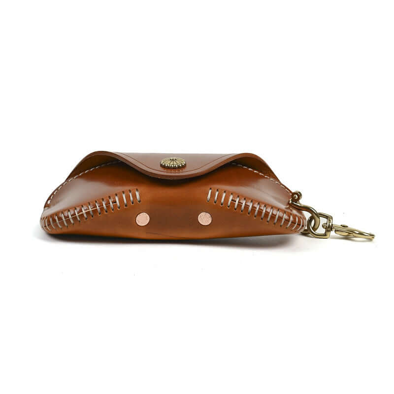 Italian Leather Glasses Case Handmade Vintage Sunglasses Holder in brown leather with hand-stitched detailing.