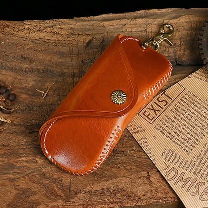 Italian Leather Glasses Case Handmade Vintage Sunglasses Holder in dark brown with artisanal stitching and keychain.