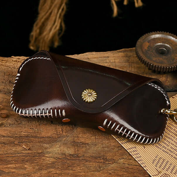 Italian Leather Glasses Case Handmade Vintage Sunglasses Holder in dark brown with hand-stitched seams.