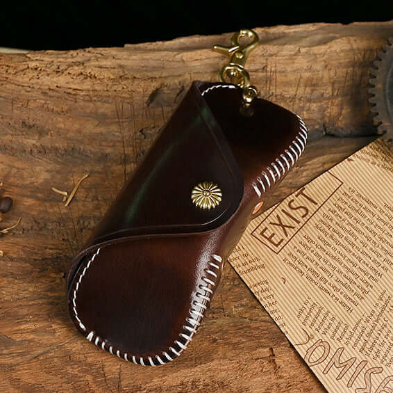 Italian Leather Glasses Case Handmade Vintage Sunglasses Holder on rustic wood background