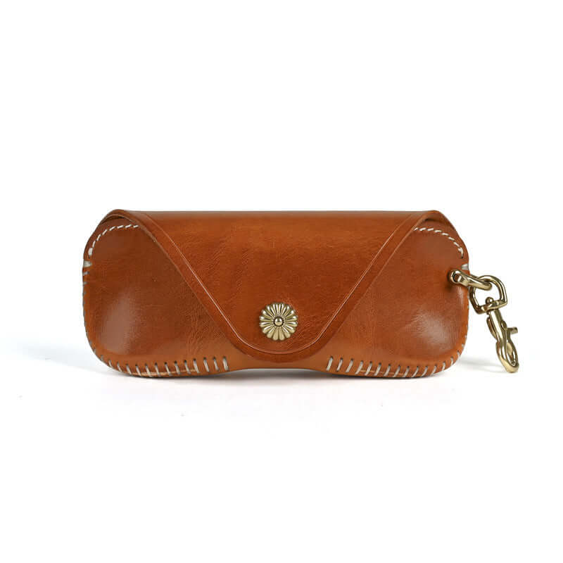 Italian Leather Glasses Case Handmade Vintage Sunglasses Holder in rich brown color with artisanal stitching and clasp.