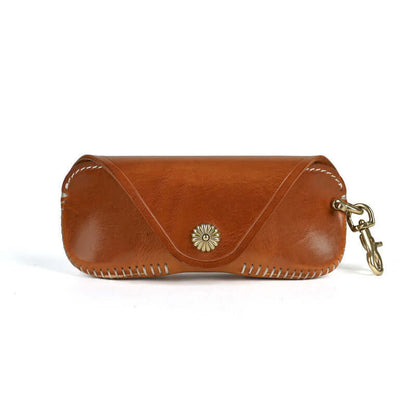 Italian Leather Glasses Case Handmade Vintage Sunglasses Holder in rich brown color with artisanal stitching and clasp.