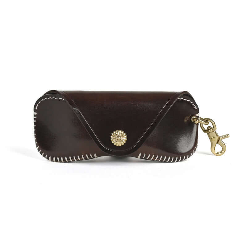 Italian Leather Glasses Case Handmade Vintage Sunglasses Holder in dark brown with intricate hand-stitched details.