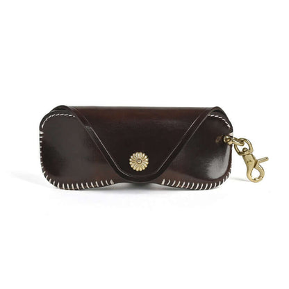 Italian Leather Glasses Case Handmade Vintage Sunglasses Holder in dark brown with intricate hand-stitched details.