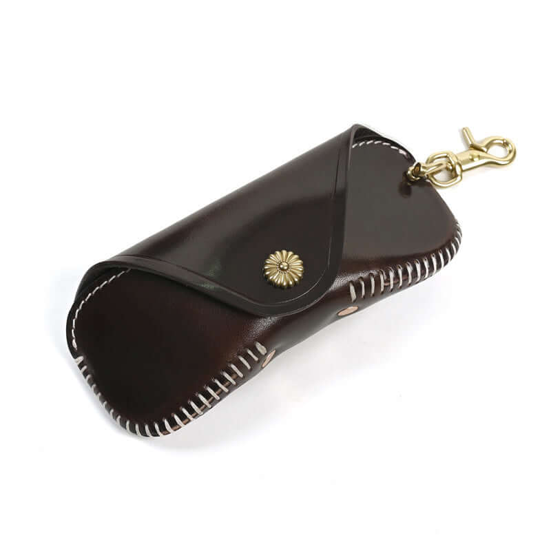 Italian Leather Glasses Case Handmade Vintage Sunglasses Holder in dark brown with artisanal stitching and brass clasp