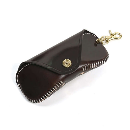 Italian Leather Glasses Case Handmade Vintage Sunglasses Holder in dark brown with artisanal stitching and brass clasp
