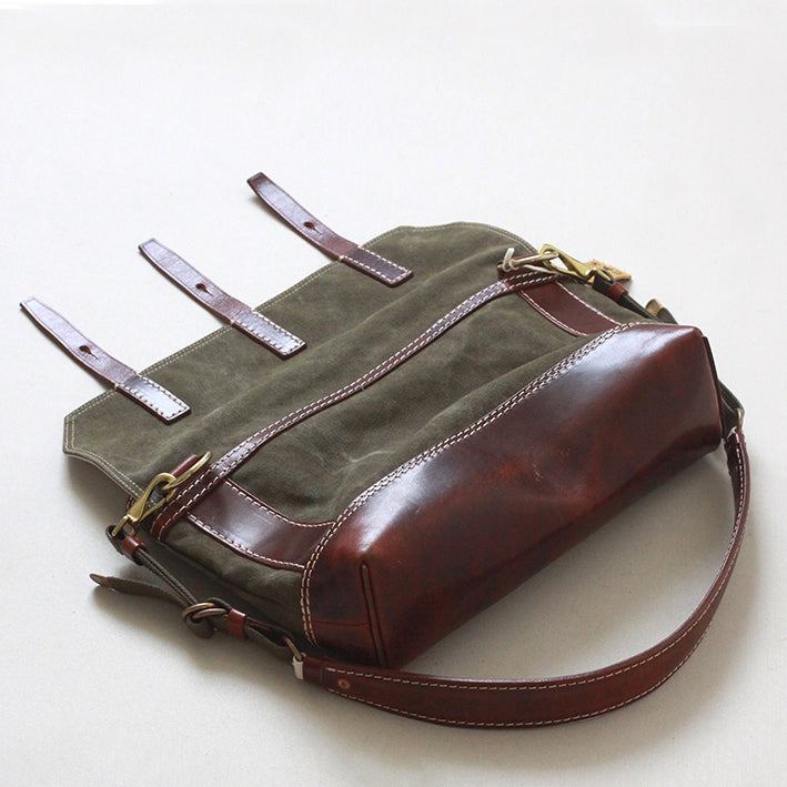 Canvas Leather Messenger Bag featuring a vintage design with a flap, adjustable straps, and premium leather accents.