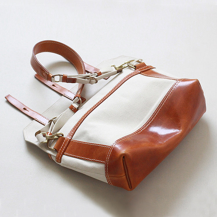 Canvas Leather Messenger Bag with a vintage design and crossbody strap, showcasing its elegant brown and cream color combination.