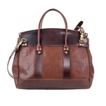 Italian Leather Travel Bag in brown with two handles and a detachable strap, ideal for laptops and weekend trips.