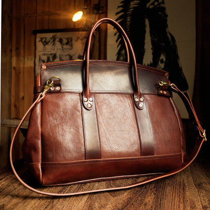 Italian Leather Travel Bag 17.7in Large Laptop Tote Weekender Briefcase in rich brown leather.