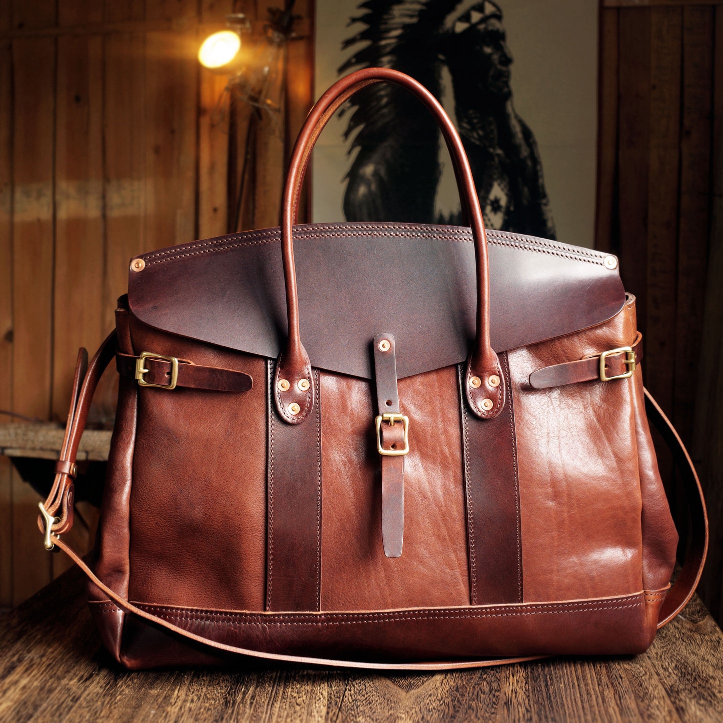 Italian Leather Travel Bag 17.7in large laptop tote weekender briefcase with elegant design and sturdy handles.