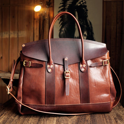 Italian Leather Travel Bag 17.7in large laptop tote weekender briefcase with elegant design and sturdy handles.