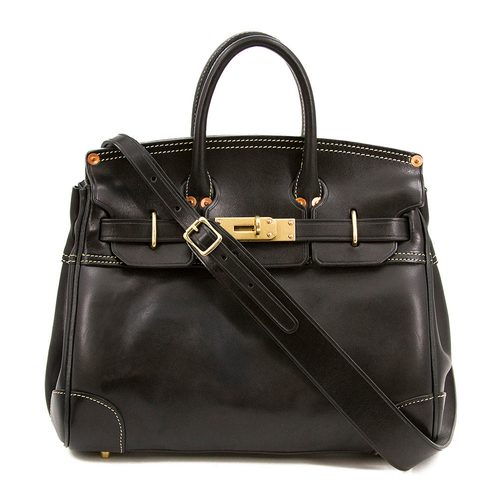 Italian Leather Large Tote 15in Classic Work Bag Shoulder in black with gold hardware and adjustable strap.