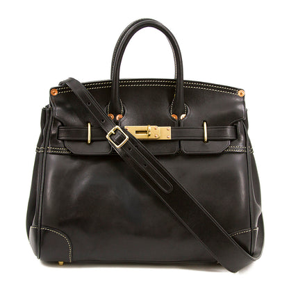Italian Leather Large Tote 15in Classic Work Bag Shoulder in black with gold hardware and adjustable strap.