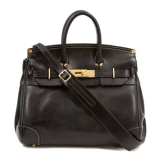 Italian Leather Large Tote 15in Classic Work Bag Shoulder in black with gold hardware and adjustable strap.