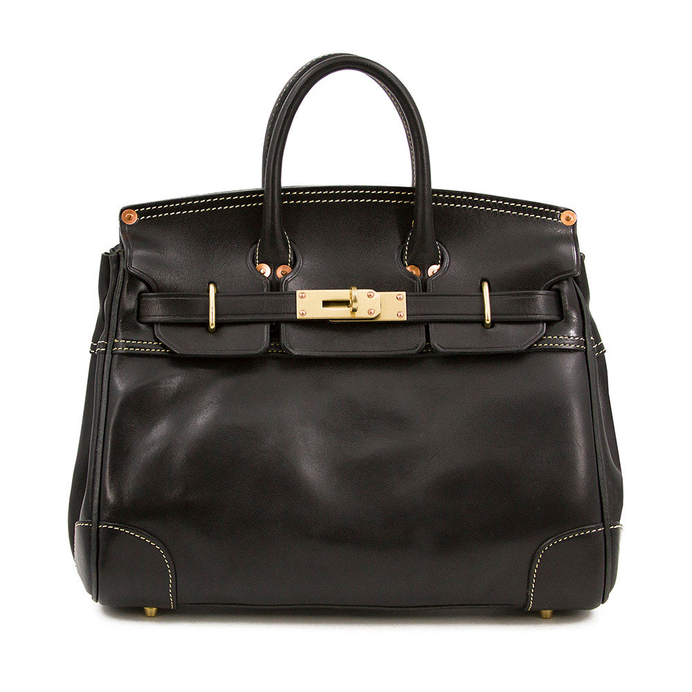 Italian Leather Large Tote 15in Classic Work Bag Shoulder in black with premium top-grain leather and decorative stitching.