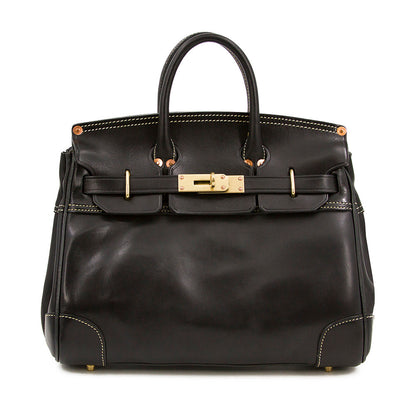 Italian Leather Large Tote 15in Classic Work Bag Shoulder in black with premium top-grain leather and decorative stitching.