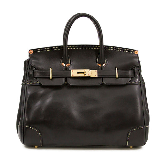 Italian Leather Large Tote 15in Classic Work Bag Shoulder in black with premium top-grain leather and decorative stitching.