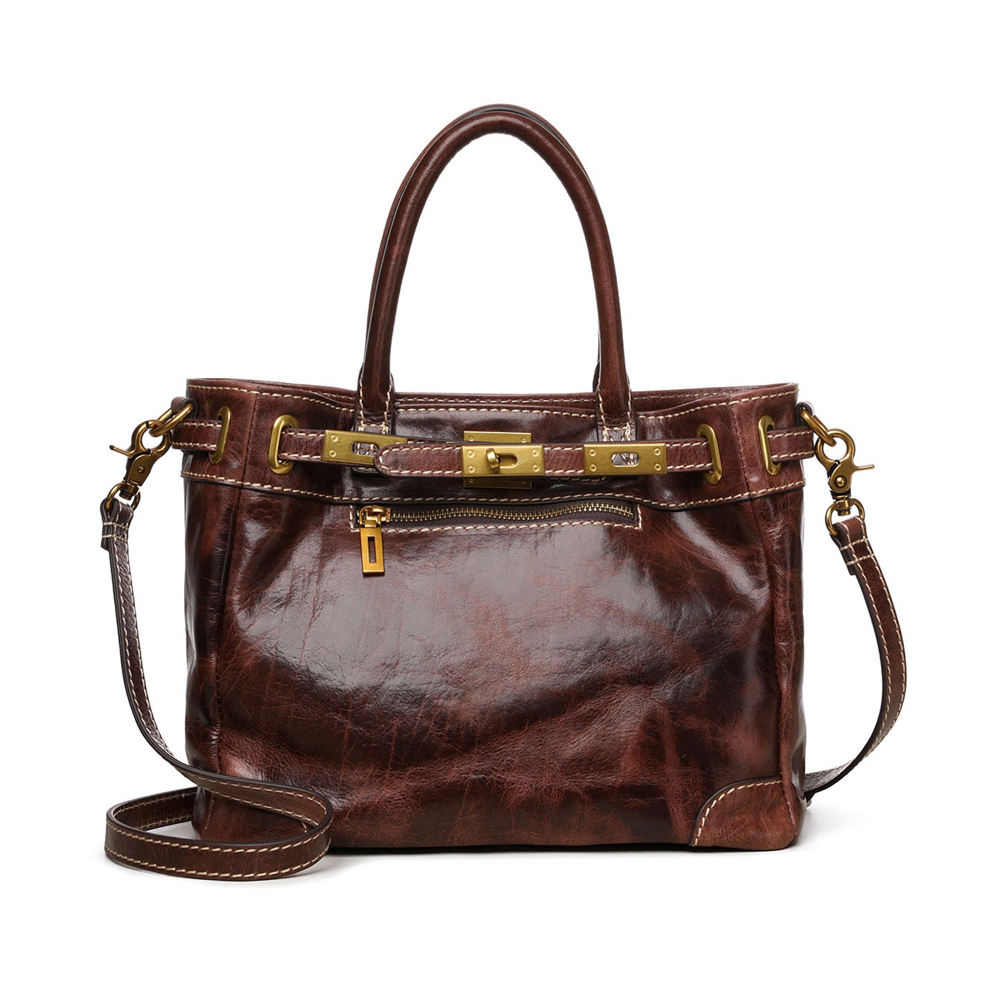 Quiet Luxury Leather Work Tote Bag for Women in rich brown color with gold hardware, perfect for stylish organization.
