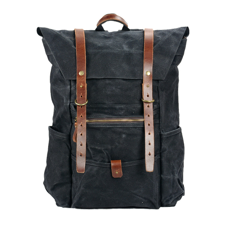 Vintage Waxed Canvas Leather Backpack Men Hiking Camping Rucksack