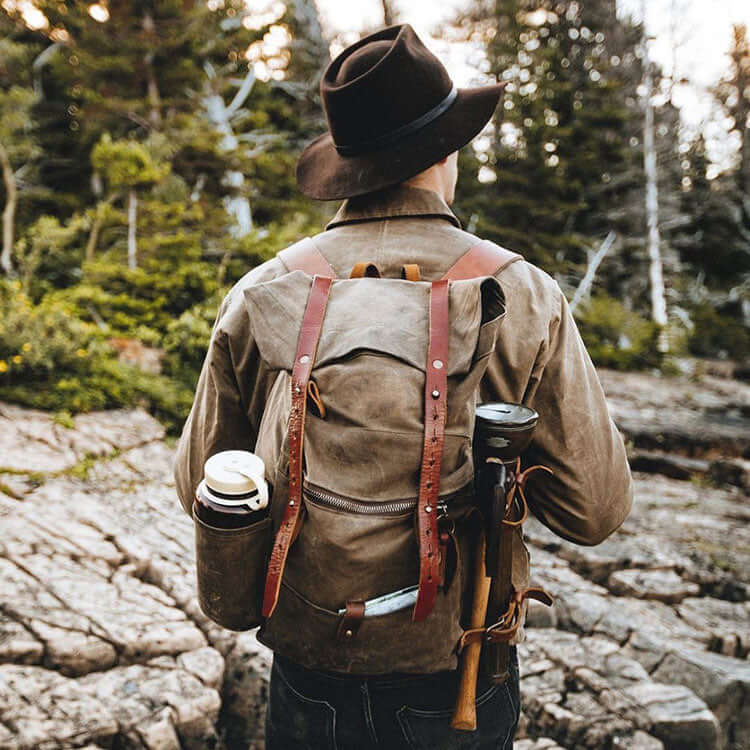 Vintage Waxed Canvas Leather Backpack Men Hiking Camping Rucksack Vintage Waxed Canvas Leather Backpack Men Hiking Camping Rucksack