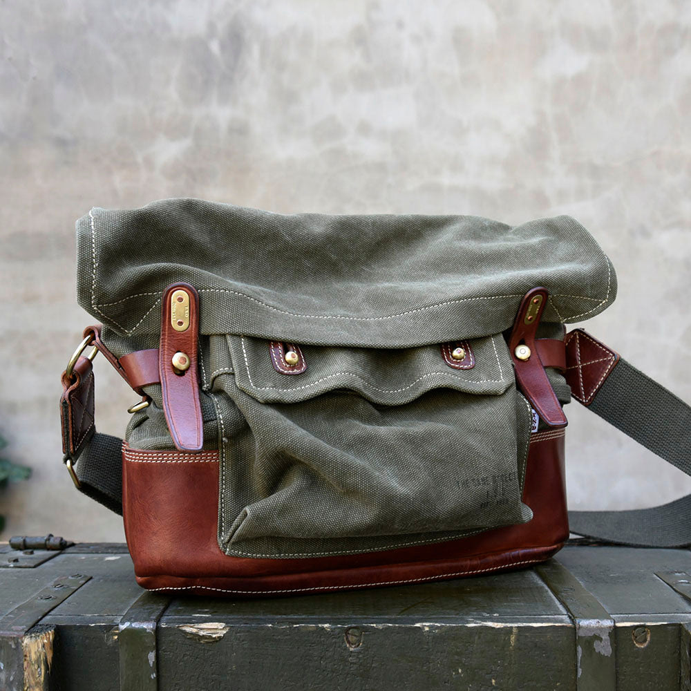 Canvas Leather Crossbody Bag 14.9in Retro Military Distressed Tote