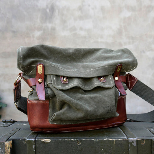 Canvas Leather Crossbody Bag 14.9in Retro Military Distressed Tote