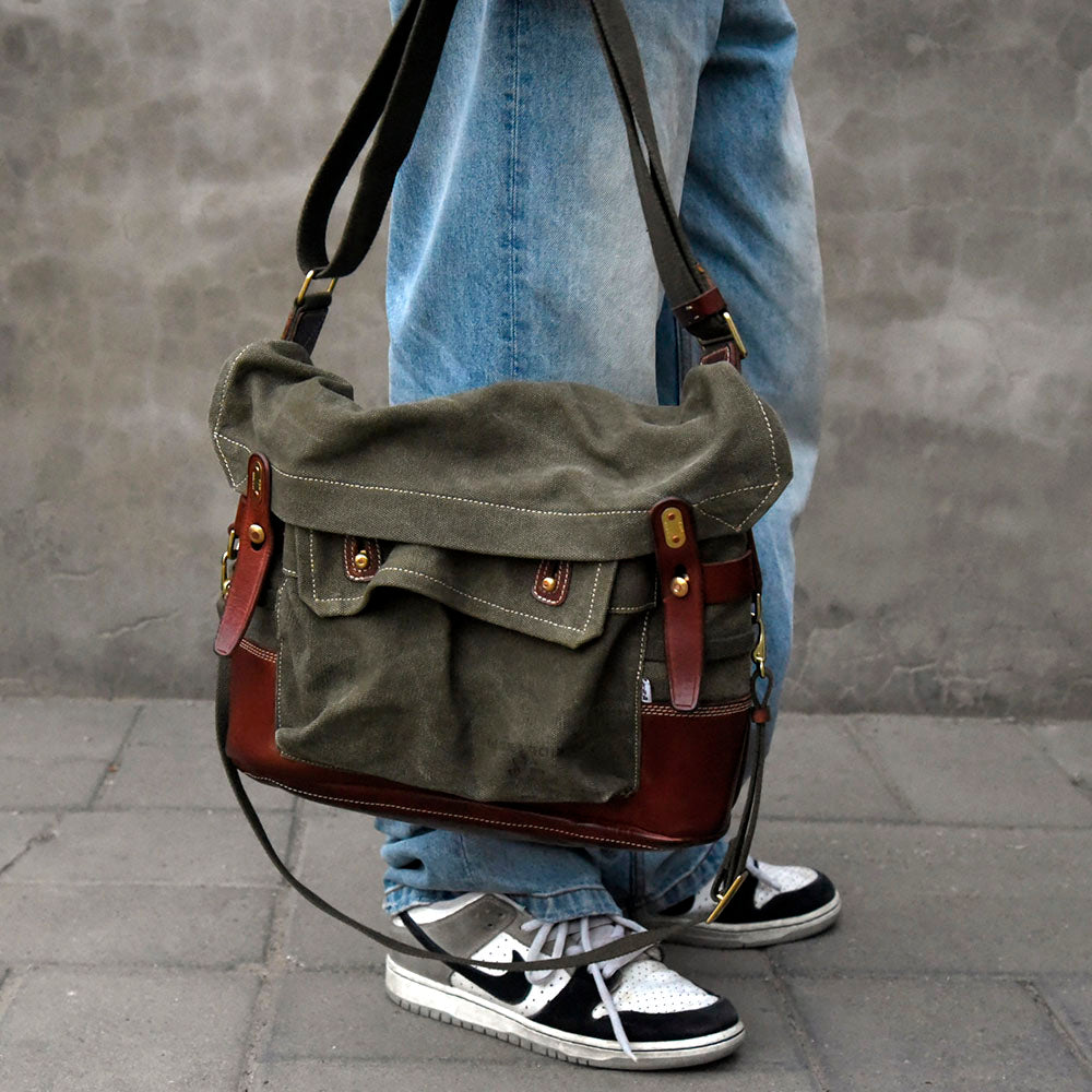 Canvas Leather Crossbody Bag 14.9in Retro Military Distressed Tote