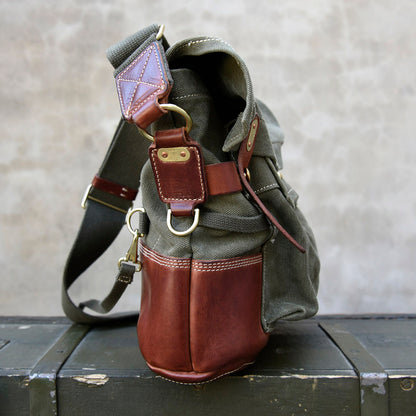 Canvas Leather Crossbody Bag 14.9in Retro Military Distressed Tote