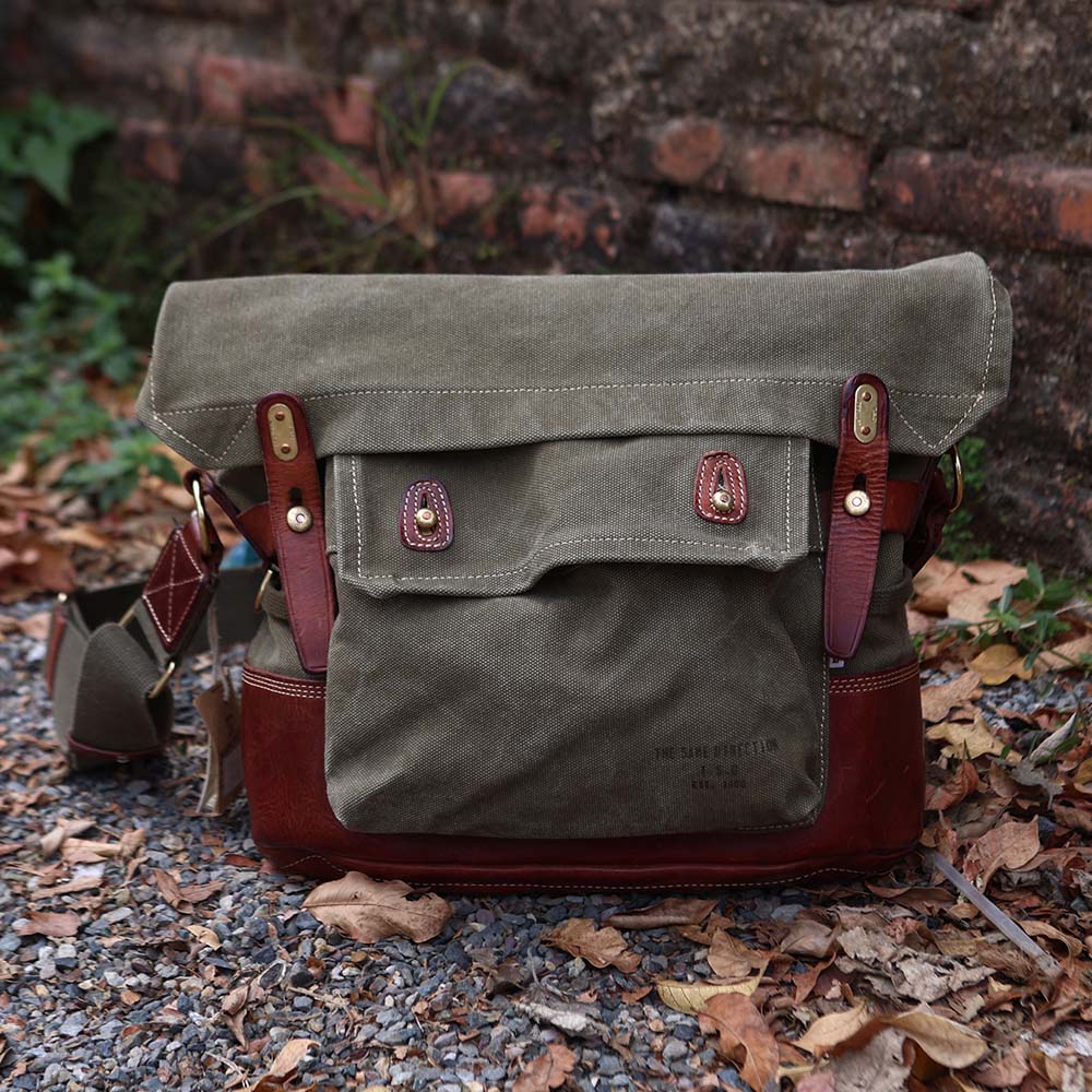 Canvas Leather Crossbody Bag 14.9in Retro Military Distressed Tote