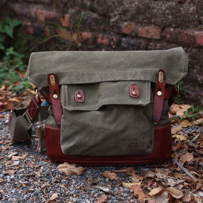 Canvas Leather Crossbody Bag 14.9in Retro Military Distressed Tote