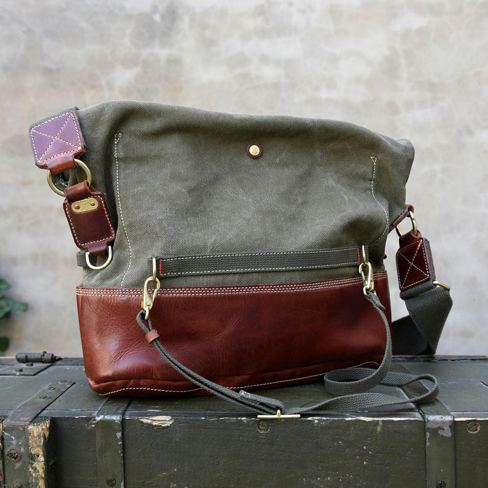 Canvas Leather Crossbody Bag 14.9in Retro Military Distressed Tote
