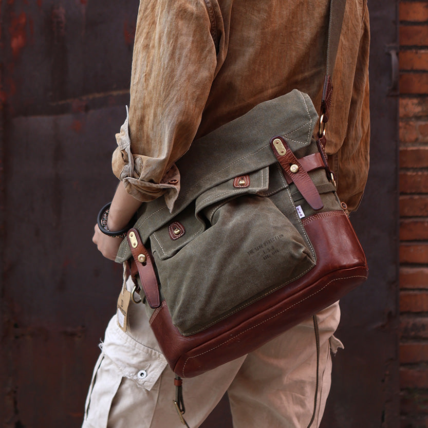 Canvas Leather Crossbody Bag 14.9in Retro Military Distressed Tote