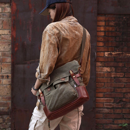Canvas Leather Crossbody Bag 14.9in Retro Military Distressed Tote