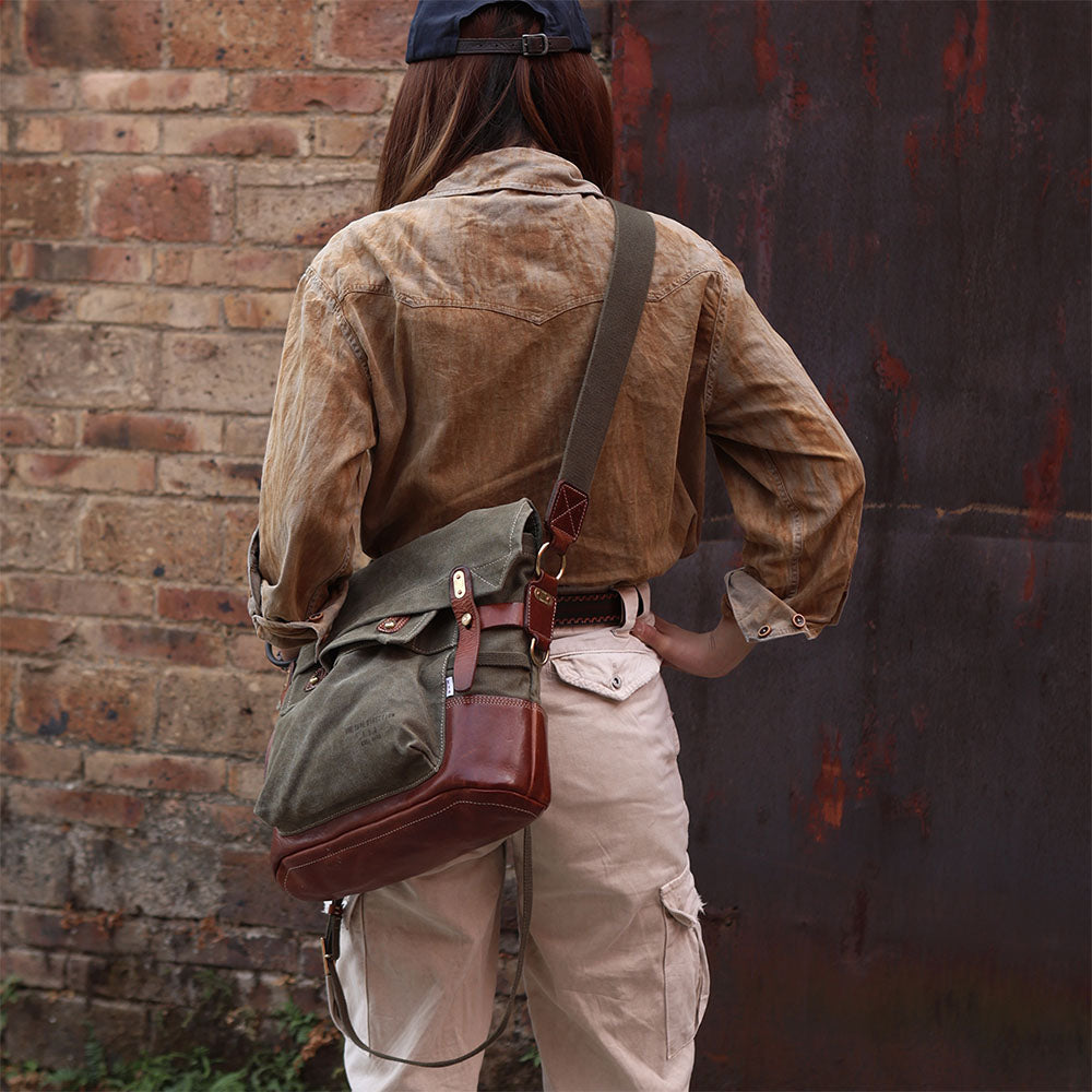 Canvas Leather Crossbody Bag 14.9in Retro Military Distressed Tote