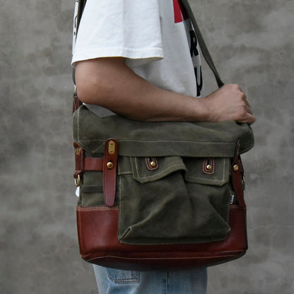 Canvas Leather Crossbody Bag 14.9in Retro Military Distressed Tote