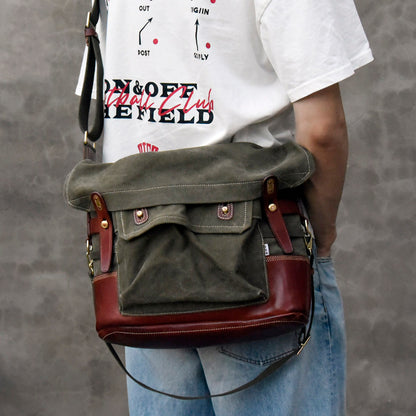Canvas Leather Crossbody Bag 14.9in Retro Military Distressed Tote