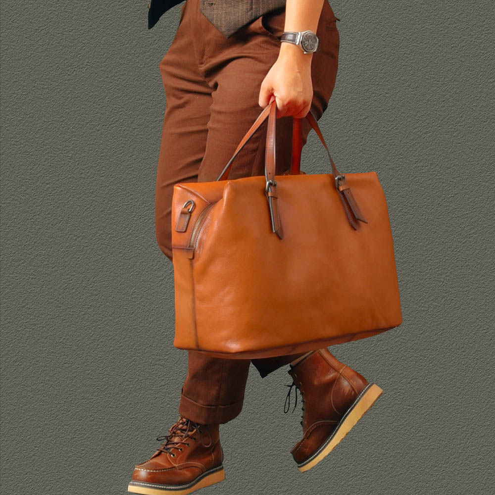 Large Full-Grain Leather Business Travel Bag 16.5in