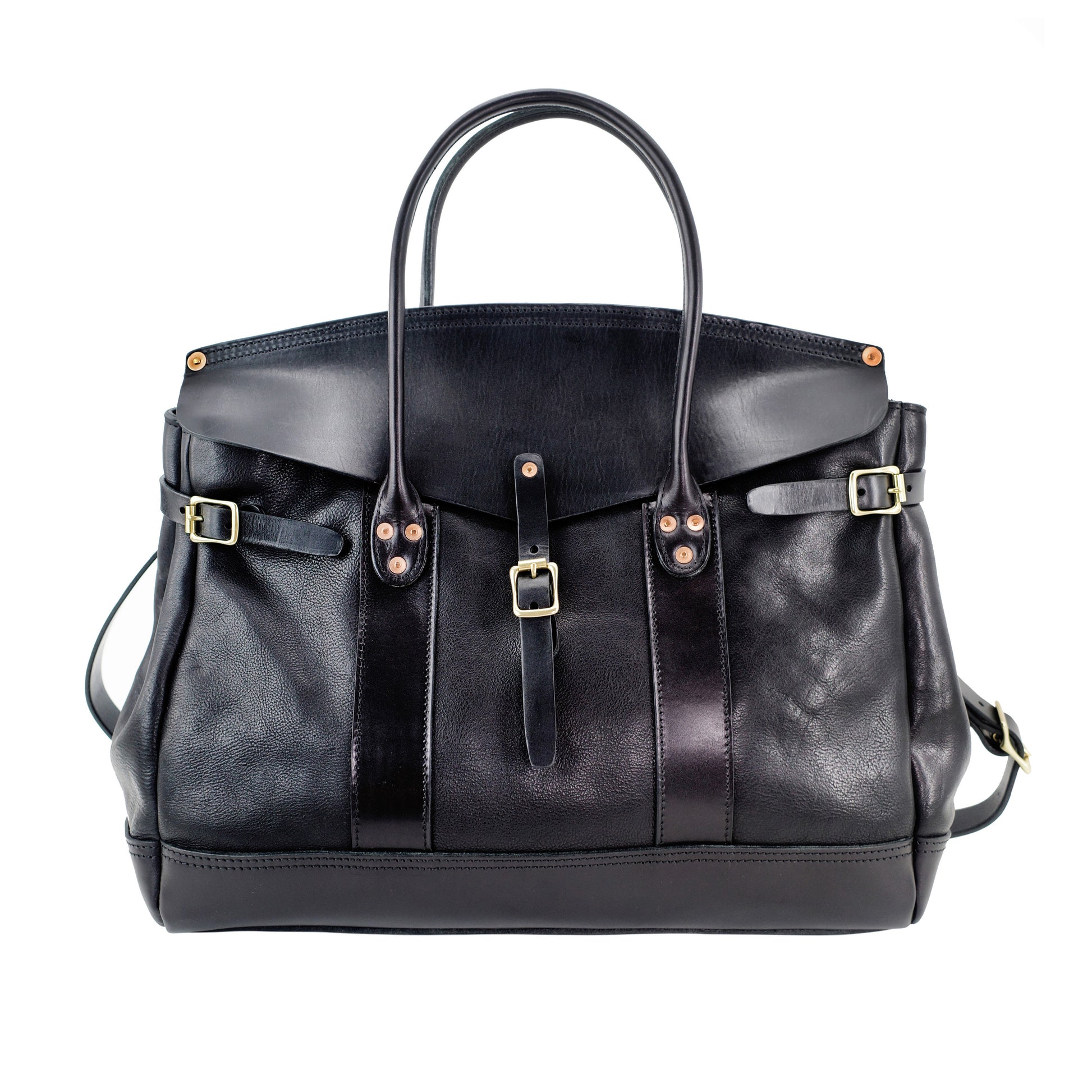 Italian Leather Travel Bag 17.7in large laptop tote weekender briefcase in black leather.