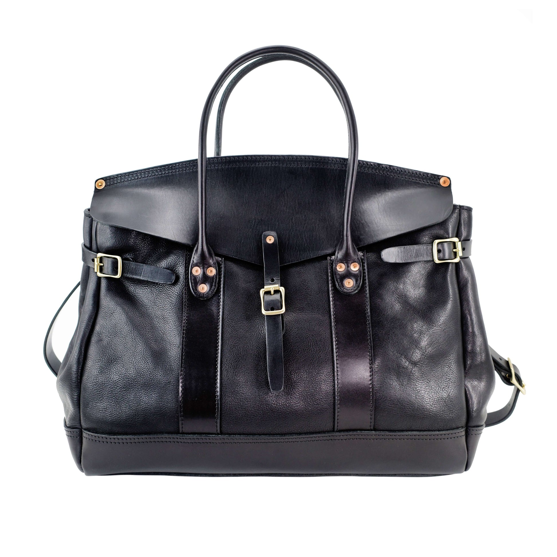 Italian Leather Travel Bag, 17.7in large laptop tote weekender briefcase in black leather with sturdy handles.