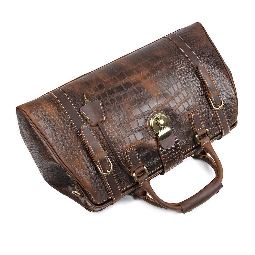 Lockable Leather Travel Duffel Bag Croc Embossed Weekender 20.5in