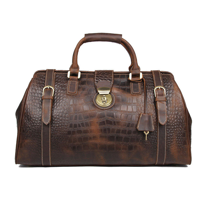 Lockable Leather Travel Duffel Bag Croc Embossed Weekender 20.5in