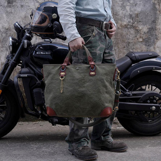 Large Vintage Full-Grain Leather Canvas Tote Bag 16.7in for Commuters