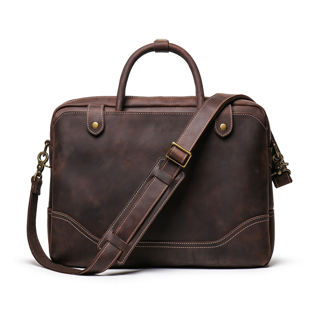 Vintage|Tannery Craft, Retro men's genuine leather handbag, crazy horse leather Laptop bag, large capacity cowhide business bag, 14.9 in Length Dark Brown