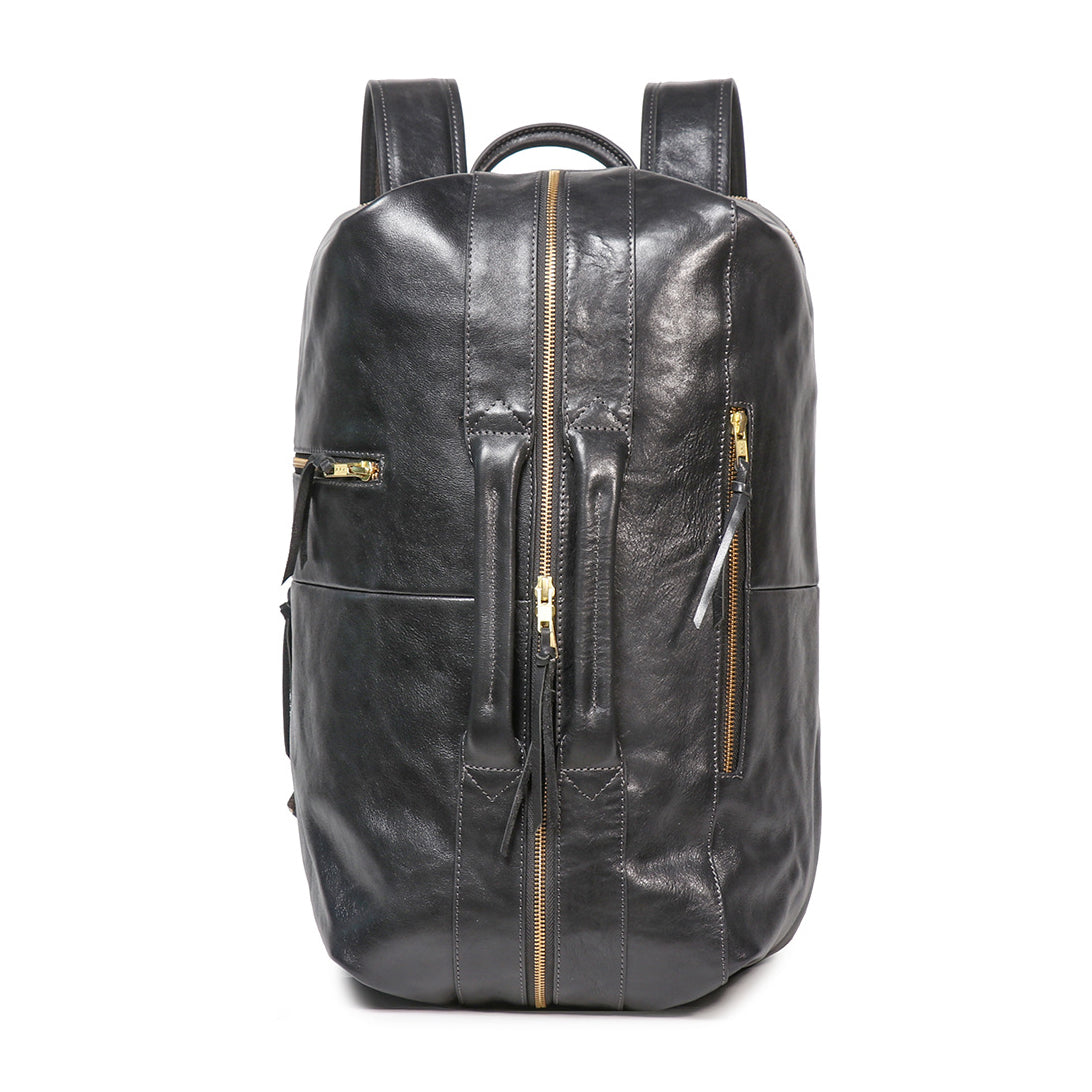 Executive 18-inch black full-grain leather laptop backpack with gold zippers and front multi-function handles.