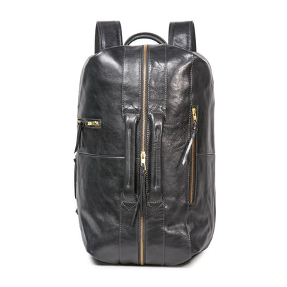 Executive 18-inch black full-grain leather laptop backpack with gold zippers and front multi-function handles.