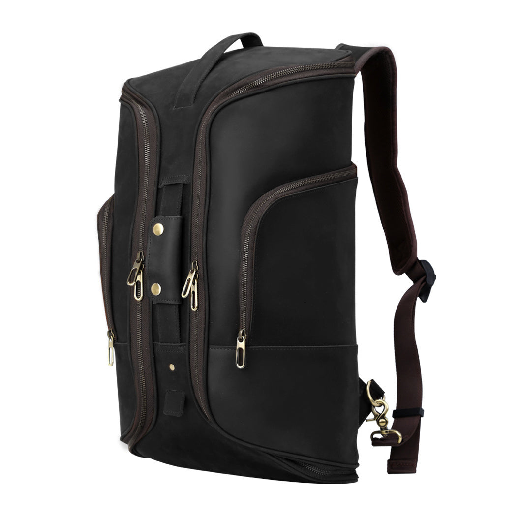 Leather Backpack 20.9in Convertible Duffel Bag Travel For Men side view in black color.