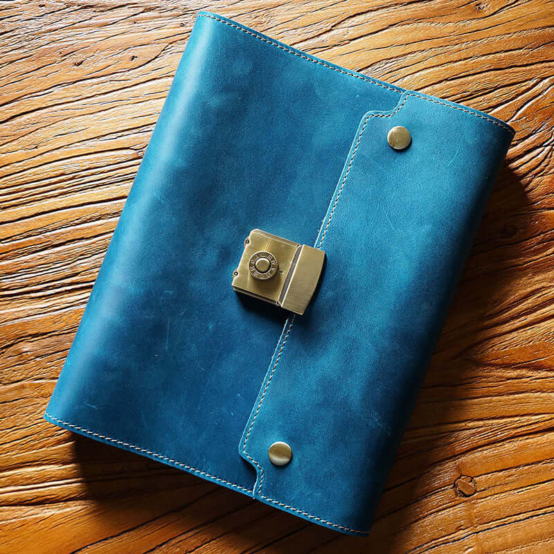 Refillable Leather Planner A5 With Lock Business Organizer 9in in blue, featuring a secure combination lock and premium leather.