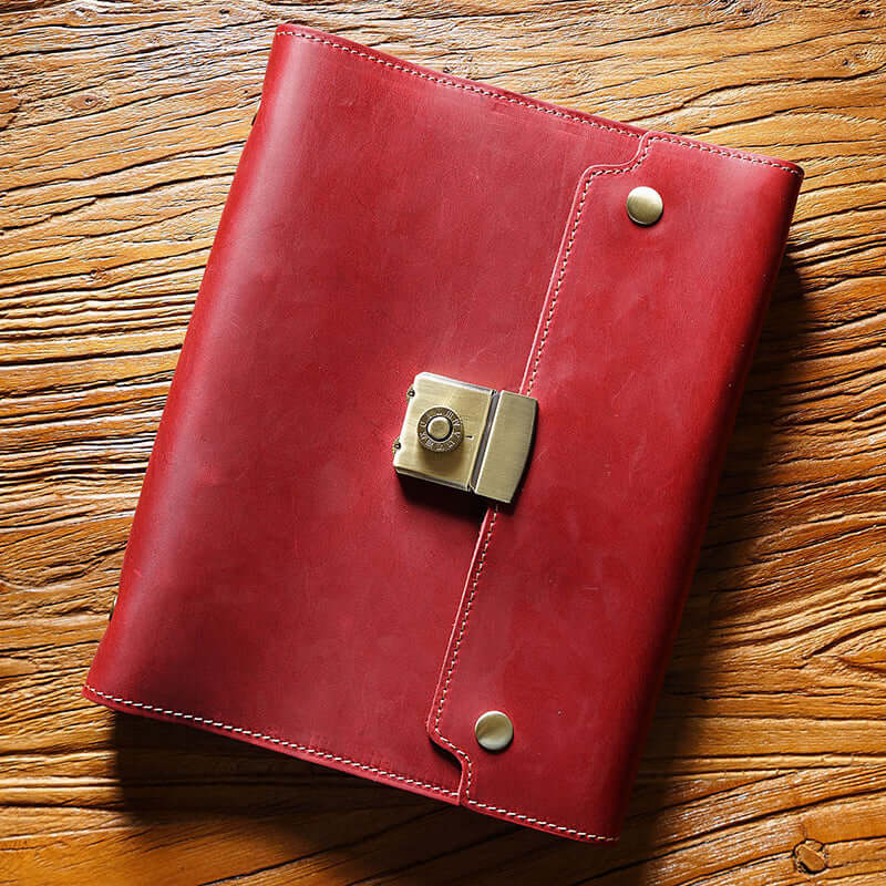 Refillable Leather Planner A5 With Lock Business Organizer 9in in red color, featuring a stylish lock and premium leather finish.